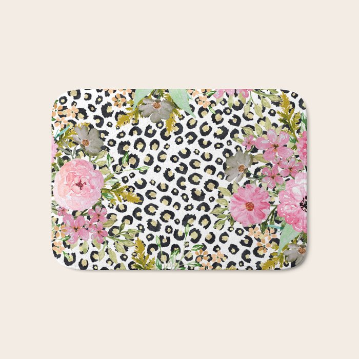 Elegant Leopard Print and Floral Design Bath Mat Gallery Image 1