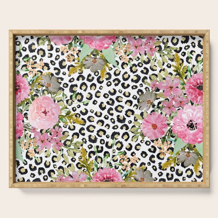 Elegant Leopard Print and Floral Design Serving Tray Gallery Image 1