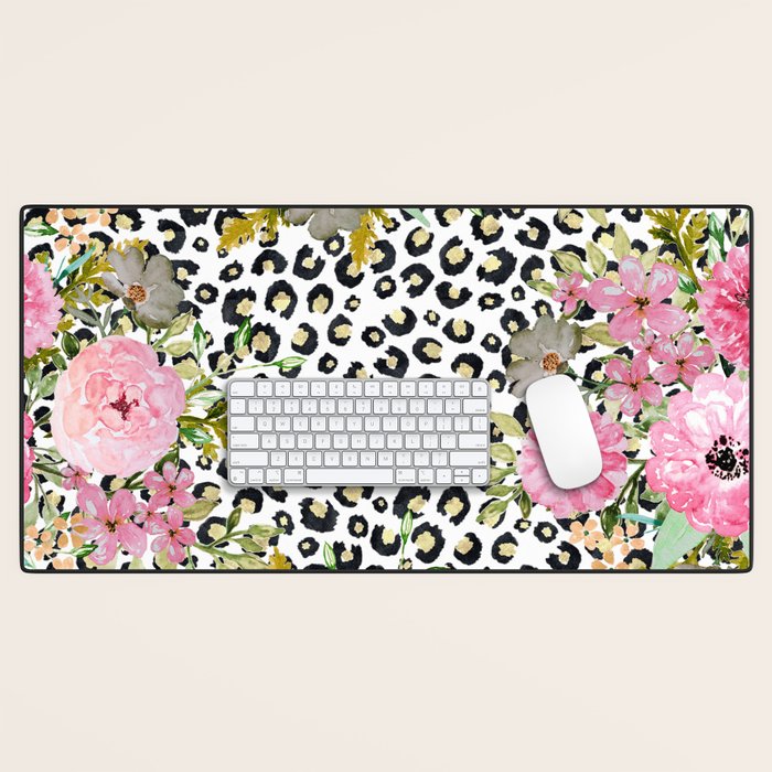 Elegant Leopard Print and Floral Design Desk Mat Gallery Image 1