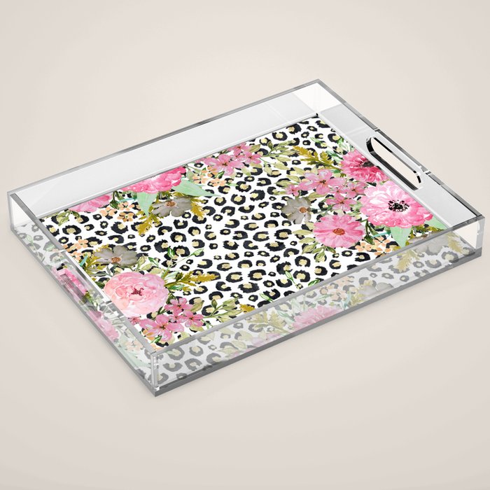 Elegant Leopard Print and Floral Design Acrylic Tray Gallery Image 1