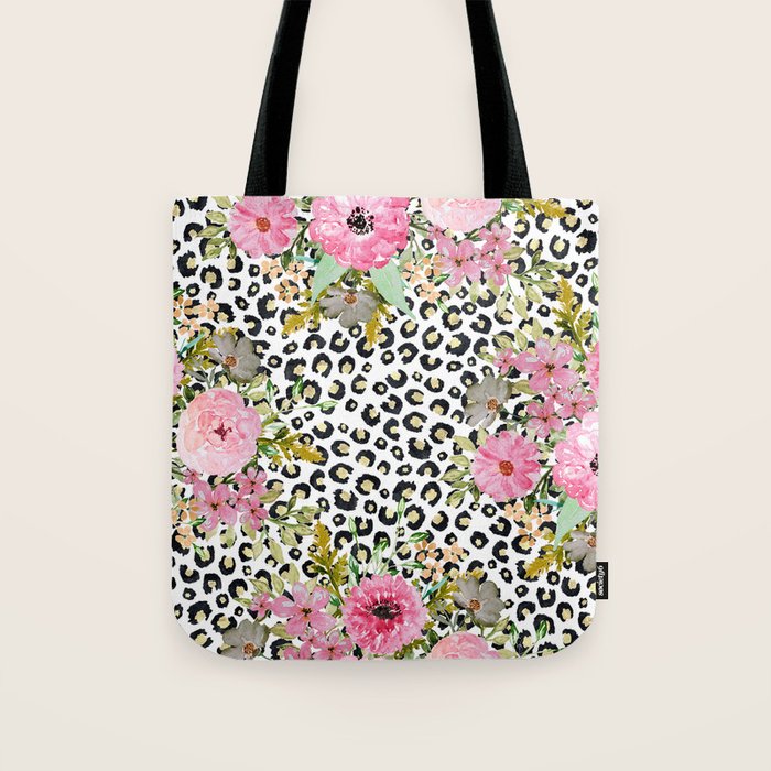 Elegant Leopard Print and Floral Design Tote Bag Gallery Image 1