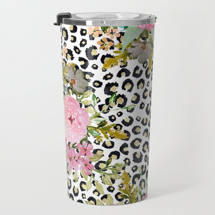 Elegant Leopard Print and Floral Design Travel Mug Gallery Image 3