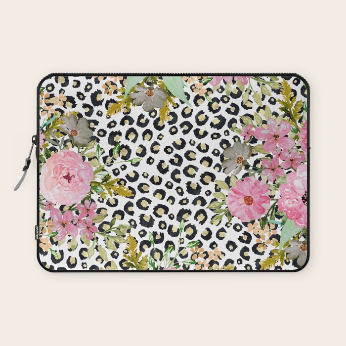 Elegant Leopard Print and Floral Design Laptop Sleeve Gallery Image 1