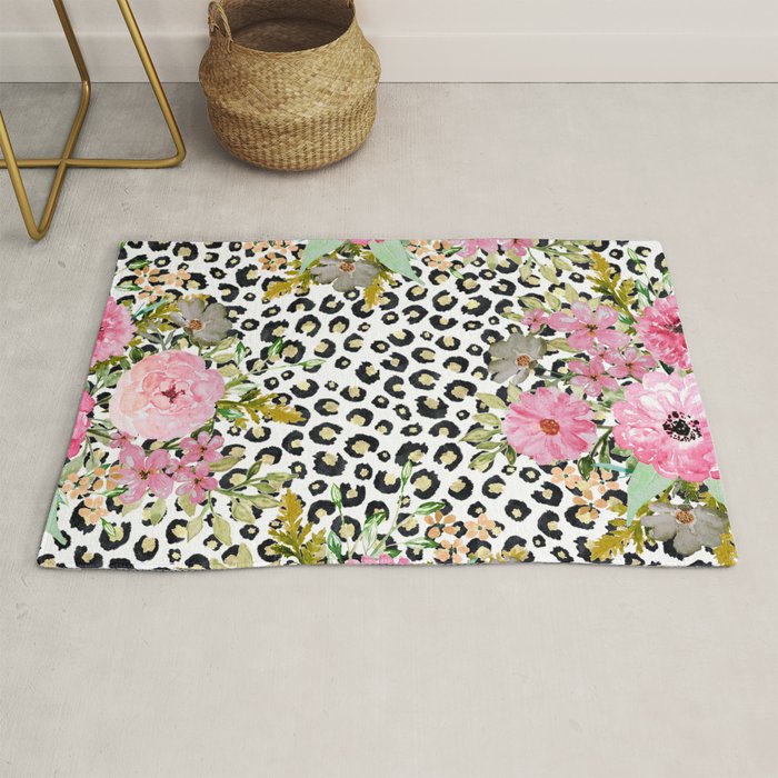 Elegant Leopard Print and Floral Design Rug