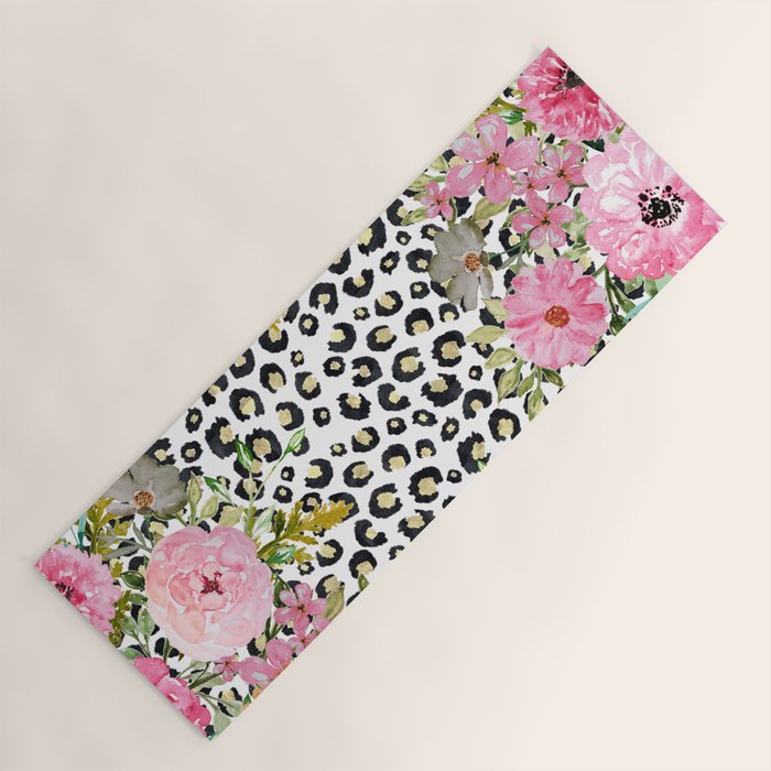 Elegant Leopard Print and Floral Design Yoga Mat