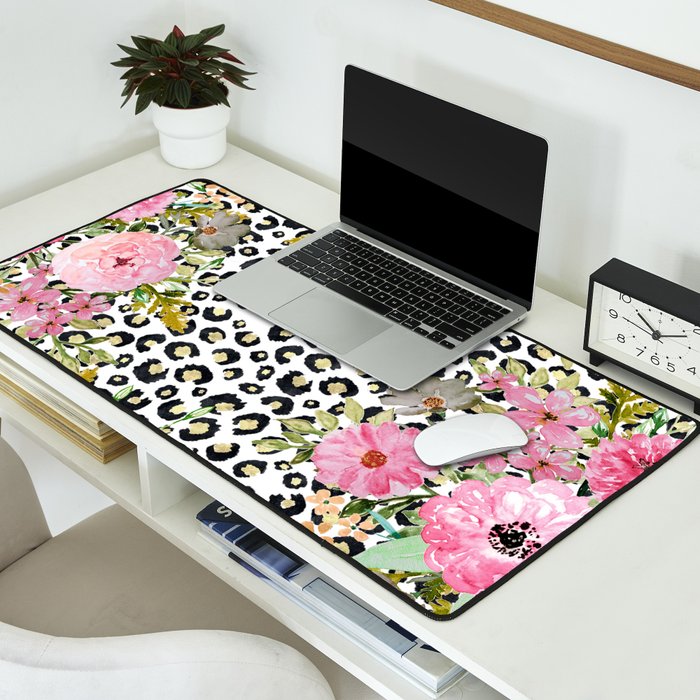 Elegant Leopard Print and Floral Design Desk Mat Gallery Image 2