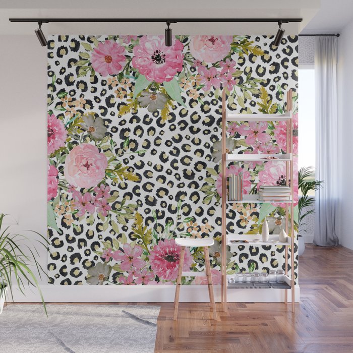 Elegant Leopard Print and Floral Design Wall Mural Gallery Image 1
