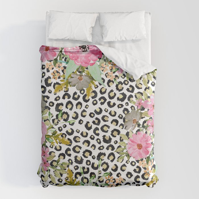 Elegant Leopard Print and Floral Design Duvet Cover Gallery Image 1