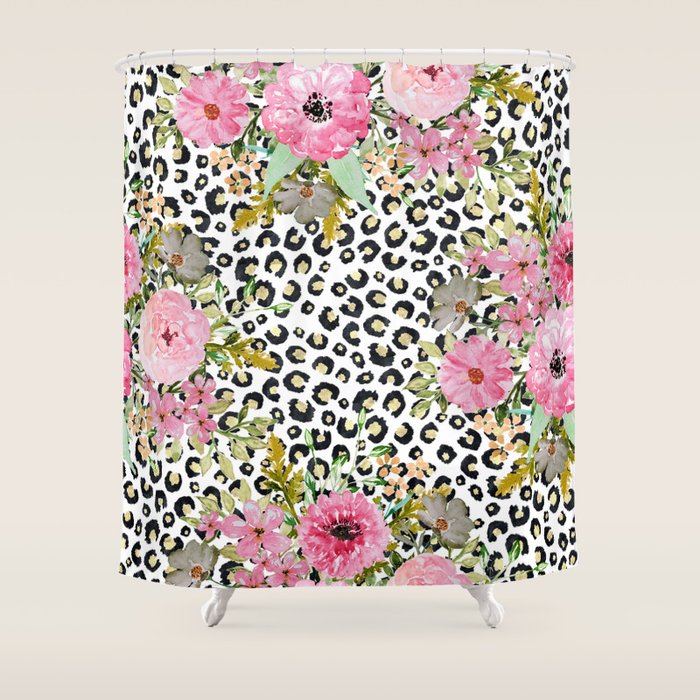 Elegant Leopard Print and Floral Design Shower Curtain Gallery Image 1