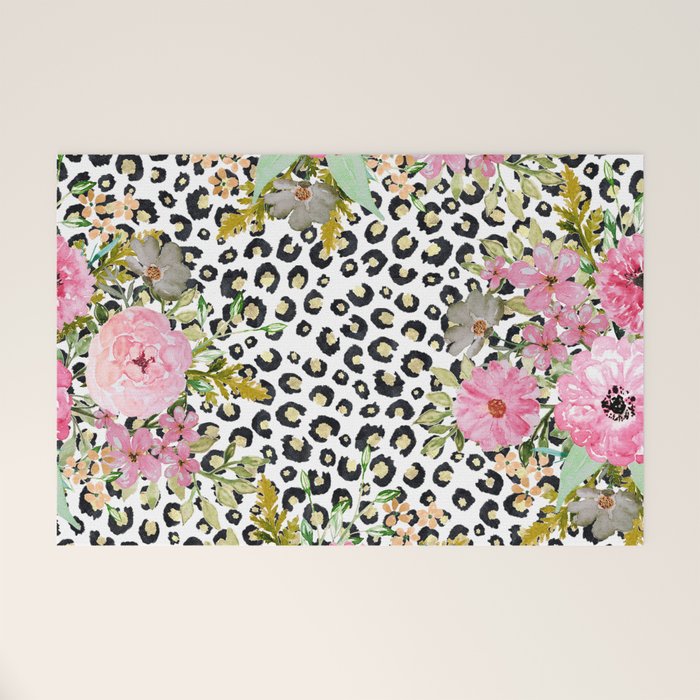 Elegant Leopard Print and Floral Design Welcome Mat Gallery Image 1