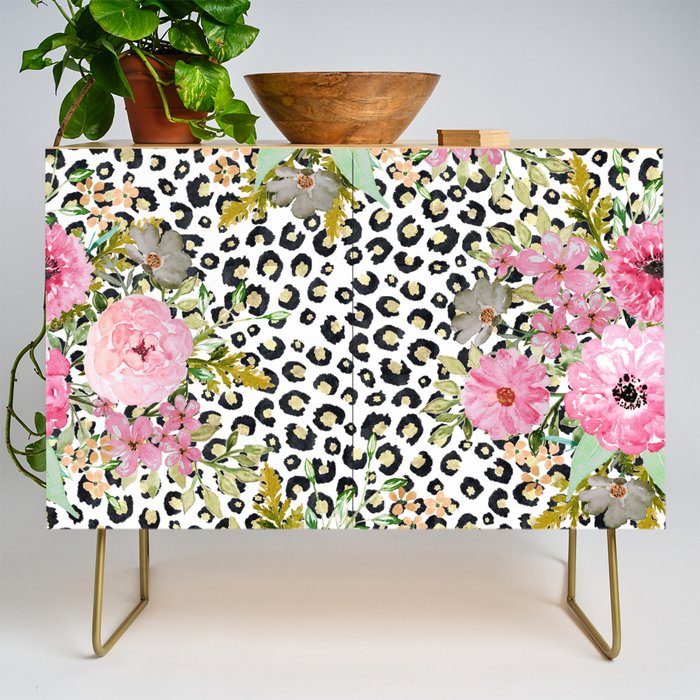 Elegant Leopard Print and Floral Design Credenza Gallery Image 1