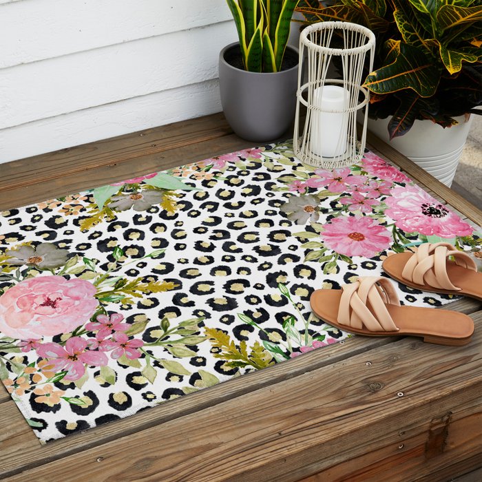 Elegant Leopard Print and Floral Design Outdoor Rug Gallery Image 2