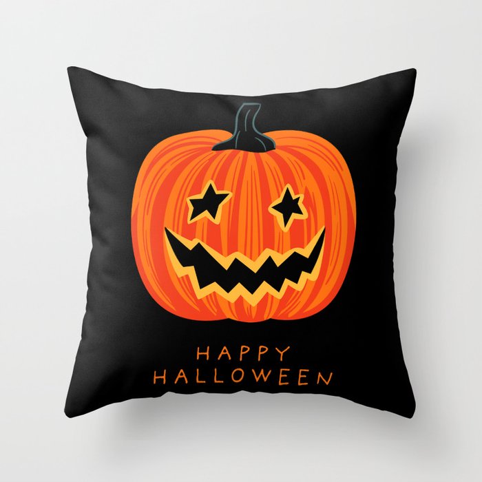 Happy Halloween funny pumpkin cartoon doodle Throw Pillow Gallery Image 1
