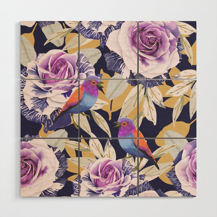 Bird in the rose bush D Wood Wall Art Gallery Image 1