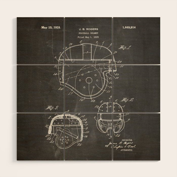 Football Helmet Patent - Football Art - Black Chalkboard Wood Wall Art Gallery Image 1