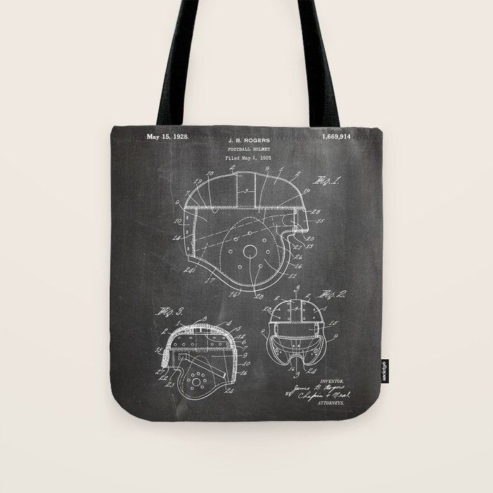 Football Helmet Patent - Football Art - Black Chalkboard Tote Bag Gallery Image 1
