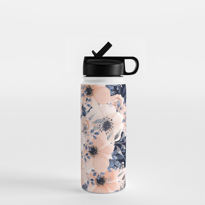 Festive, Floral Watercolor Print, Navy and Pink Water Bottle Gallery Image 1