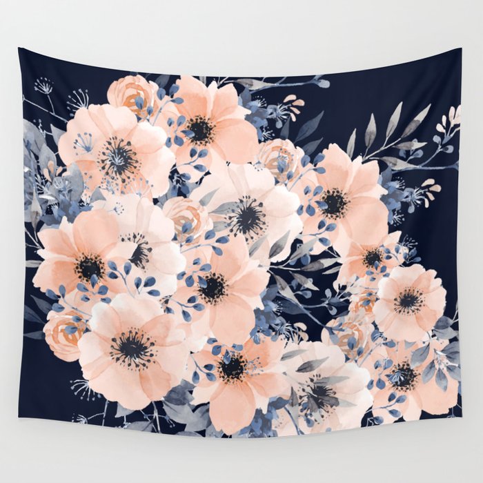 Festive, Floral Watercolor Print, Navy and Pink Wall Tapestry Gallery Image 4