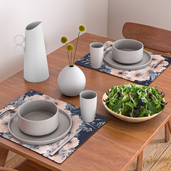 Festive, Floral Watercolor Print, Navy and Pink Placemat Gallery Image 2