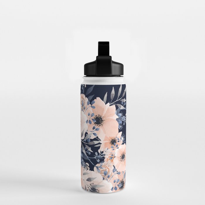 Festive, Floral Watercolor Print, Navy and Pink Water Bottle Gallery Image 2