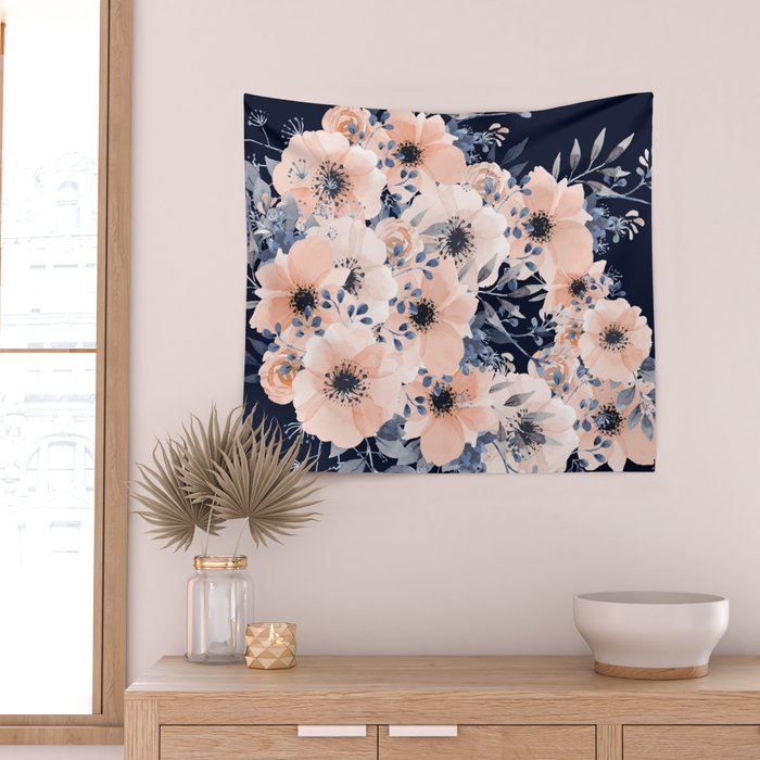 Festive, Floral Watercolor Print, Navy and Pink Wall Tapestry Gallery Image 2