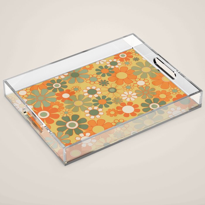 Retro 70s Floral Pattern in Mossy Sage Olive Green Orange Mustard Acrylic Tray Gallery Image 1
