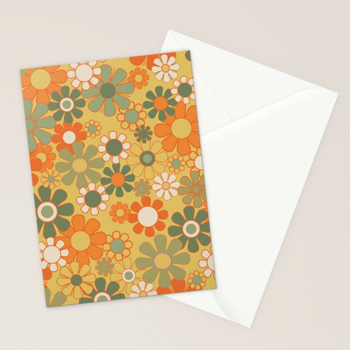 Retro 70s Floral Pattern in Mossy Sage Olive Green Orange Mustard Stationery Card Gallery Image 2