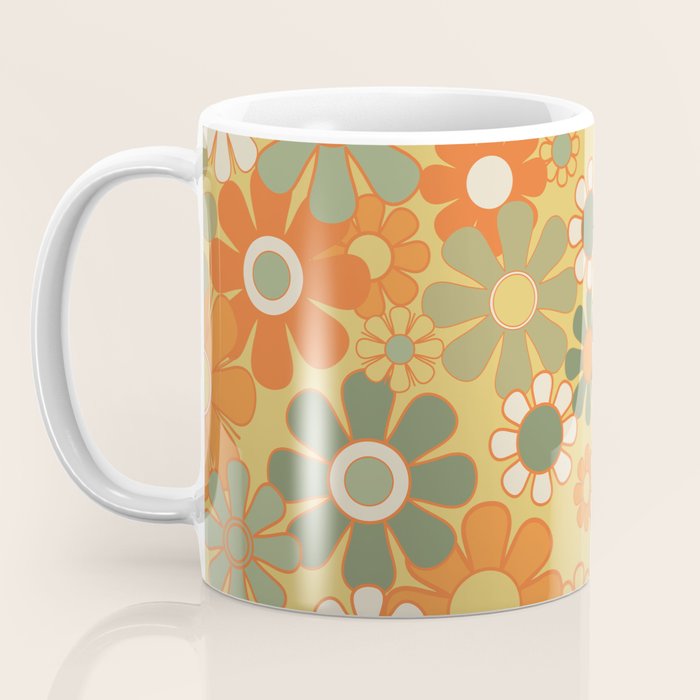 Retro 70s Floral Pattern in Mossy Sage Olive Green Orange Mustard Coffee Mug Gallery Image 3