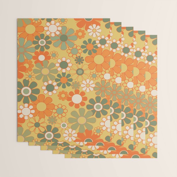 Retro 70s Floral Pattern in Mossy Sage Olive Green Orange Mustard Wrapping Paper Gallery Image 3