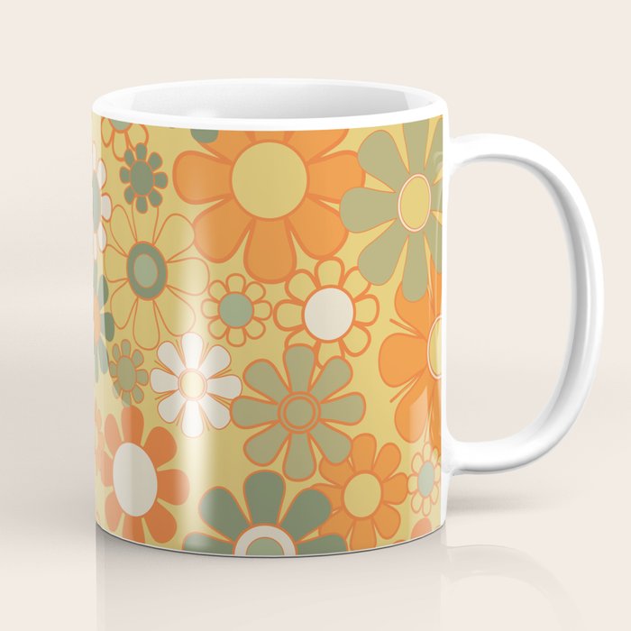 Retro 70s Floral Pattern in Mossy Sage Olive Green Orange Mustard Coffee Mug Gallery Image 1