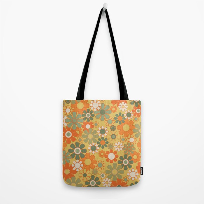 Retro 70s Floral Pattern in Mossy Sage Olive Green Orange Mustard Tote Bag Gallery Image 2