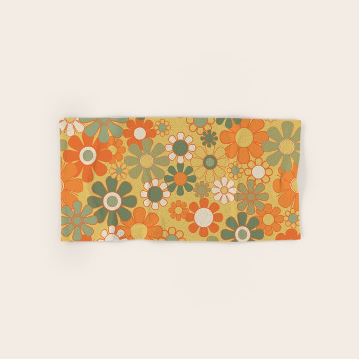 Retro 70s Floral Pattern in Mossy Sage Olive Green Orange Mustard Bath Towel Gallery Image 1
