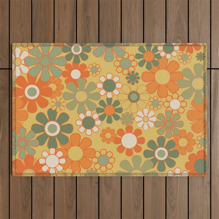 Retro 70s Floral Pattern in Mossy Sage Olive Green Orange Mustard Outdoor Rug Gallery Image 1