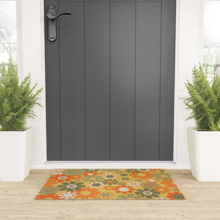 Retro 70s Floral Pattern in Mossy Sage Olive Green Orange Mustard Welcome Mat Gallery Image 3