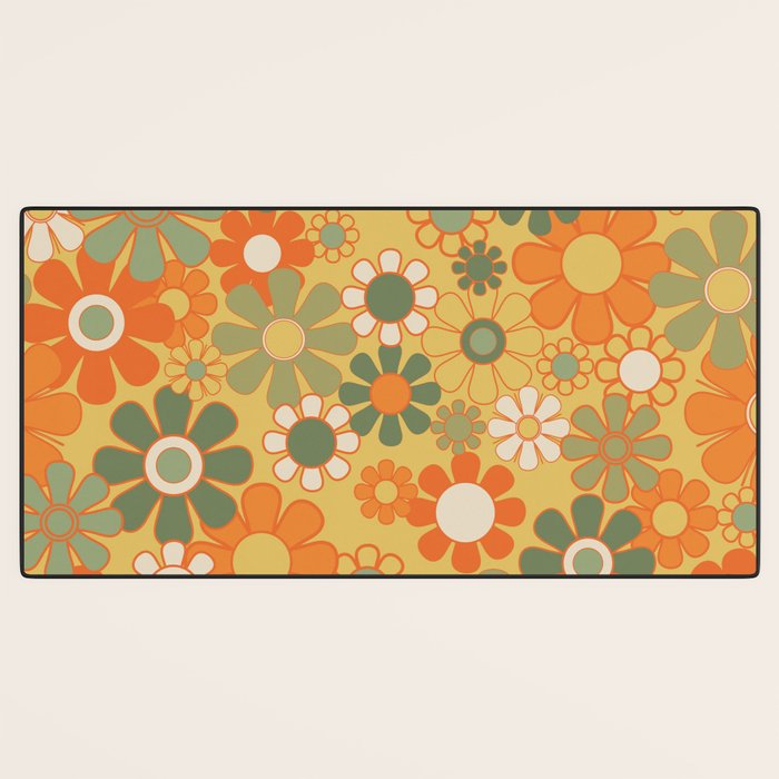Retro 70s Floral Pattern in Mossy Sage Olive Green Orange Mustard Desk Mat Gallery Image 3