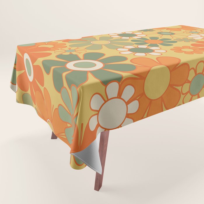 Retro 70s Floral Pattern in Mossy Sage Olive Green Orange Mustard Tablecloth Gallery Image 1