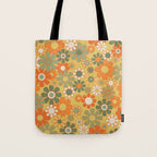 Retro 70s Floral Pattern in Mossy Sage Olive Green Orange Mustard Tote Bag Gallery Image 1
