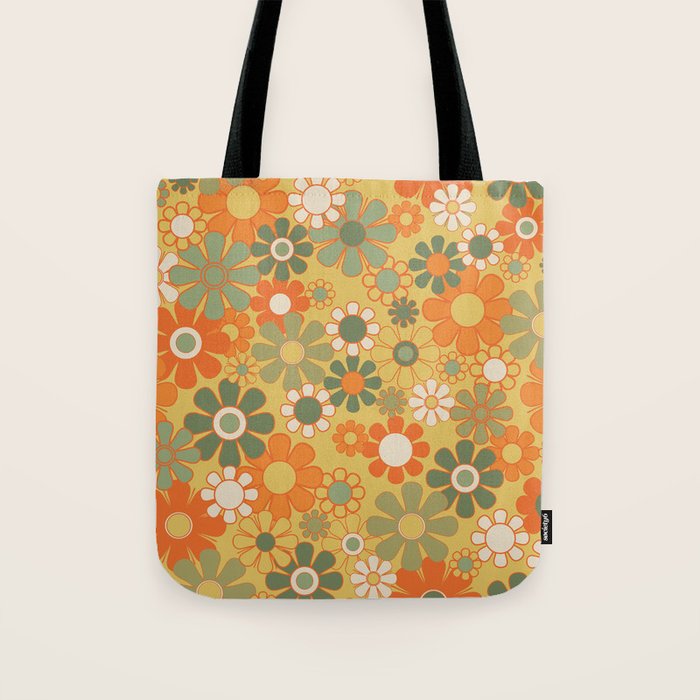 Retro 70s Floral Pattern in Mossy Sage Olive Green Orange Mustard Tote Bag Gallery Image 1