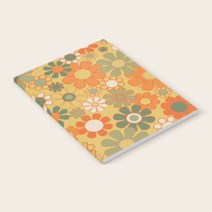 Retro 70s Floral Pattern in Mossy Sage Olive Green Orange Mustard Notebook Gallery Image 1