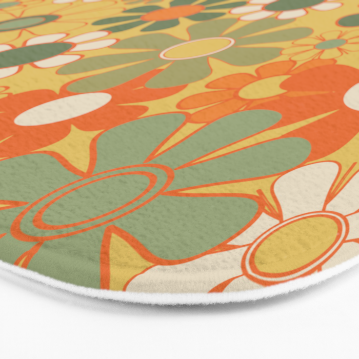 Retro 70s Floral Pattern in Mossy Sage Olive Green Orange Mustard Bath Mat Gallery Image 3