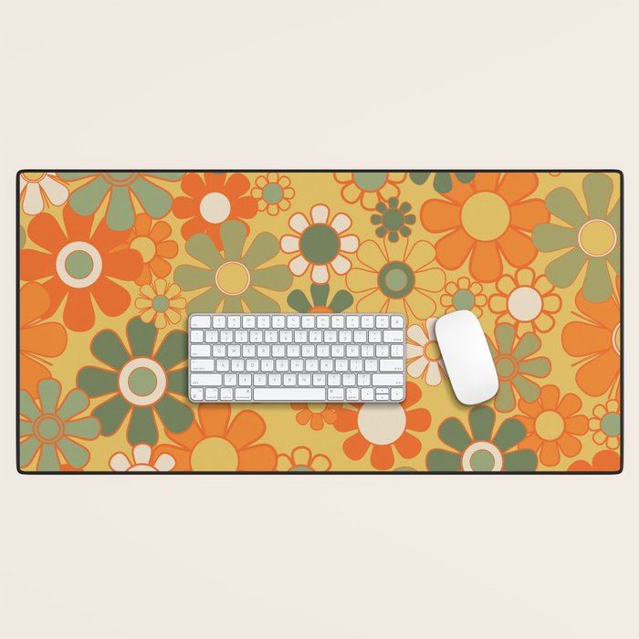 Retro 70s Floral Pattern in Mossy Sage Olive Green Orange Mustard Desk Mat Gallery Image 1