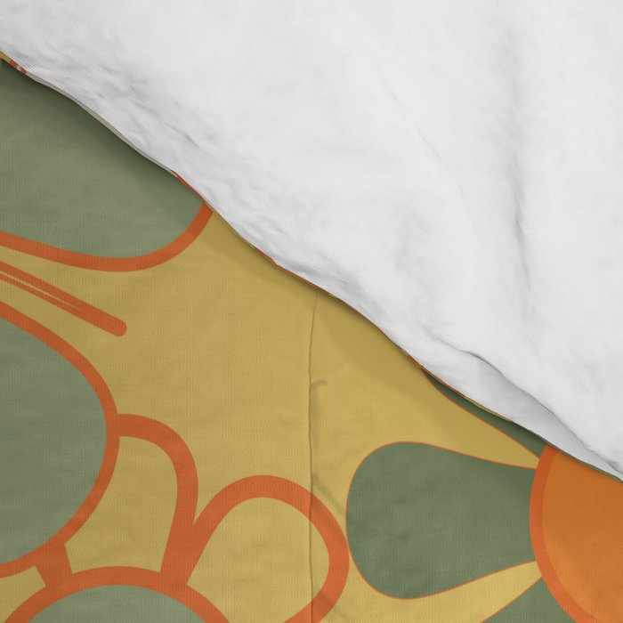 Retro 70s Floral Pattern in Mossy Sage Olive Green Orange Mustard Comforter Gallery Image 4