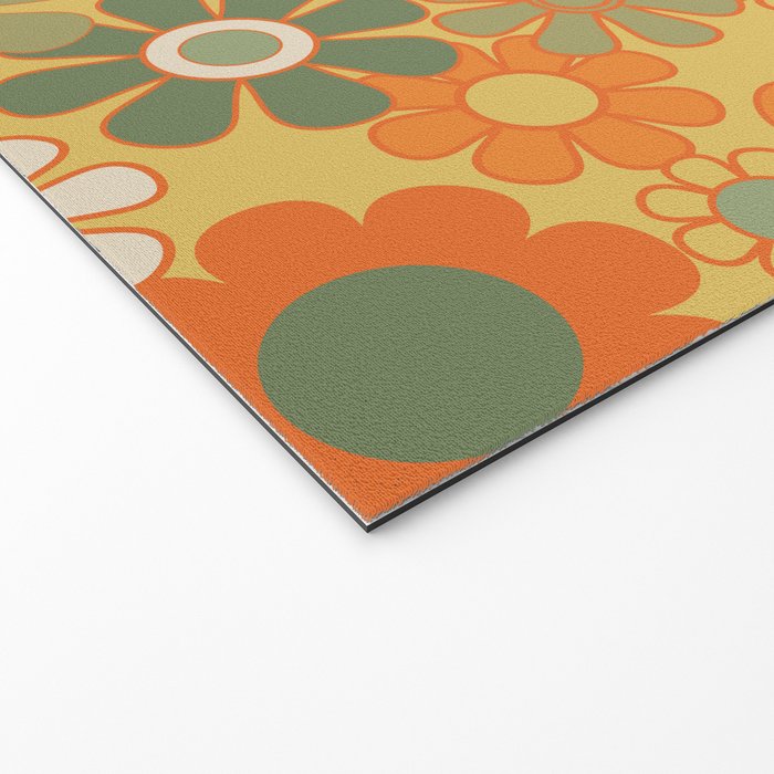 Retro 70s Floral Pattern in Mossy Sage Olive Green Orange Mustard Welcome Mat Gallery Image 2