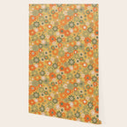 Retro 70s Floral Pattern in Mossy Sage Olive Green Orange Mustard Wallpaper Gallery Image 2