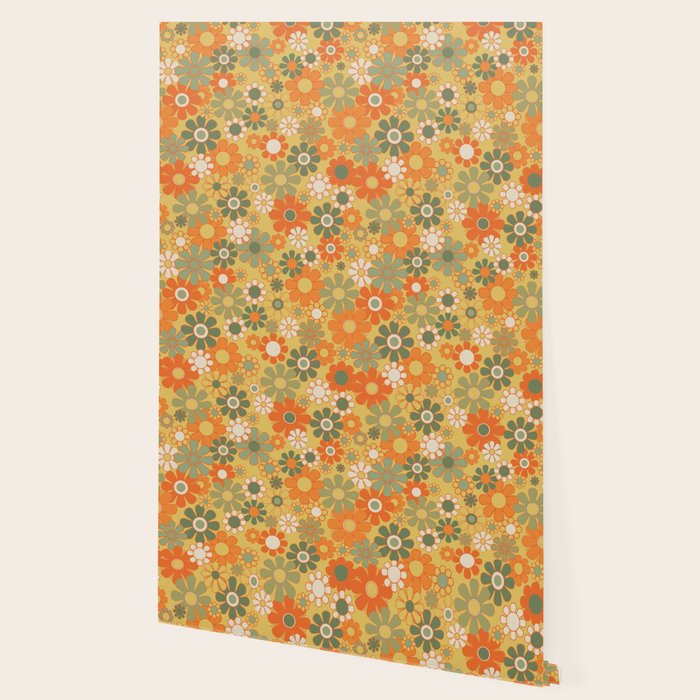 Retro 70s Floral Pattern in Mossy Sage Olive Green Orange Mustard Wallpaper Gallery Image 2