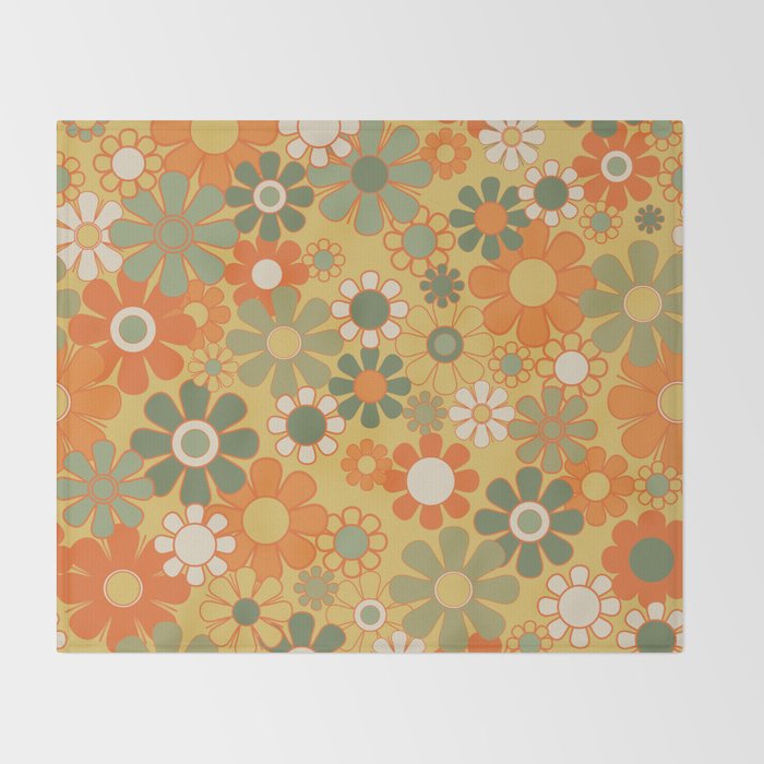 Retro 70s Floral Pattern in Mossy Sage Olive Green Orange Mustard Throw Blanket Gallery Image 2