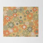 Retro 70s Floral Pattern in Mossy Sage Olive Green Orange Mustard Throw Blanket Gallery Image 2