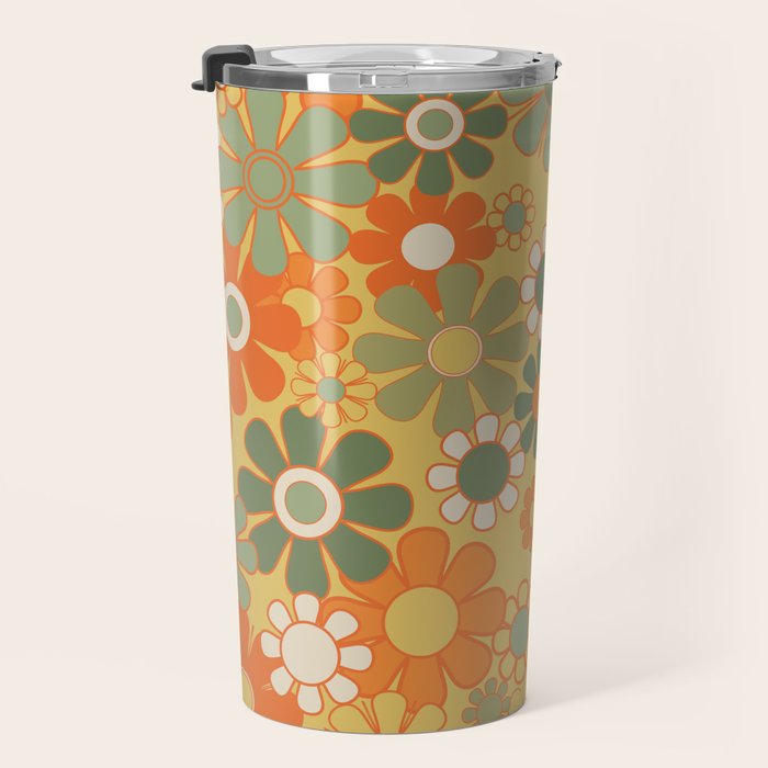 Retro 70s Floral Pattern in Mossy Sage Olive Green Orange Mustard Travel Mug Gallery Image 3