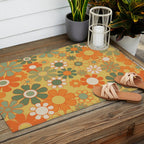 Retro 70s Floral Pattern in Mossy Sage Olive Green Orange Mustard Outdoor Rug Gallery Image 2