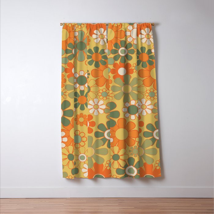 Retro 70s Floral Pattern in Mossy Sage Olive Green Orange Mustard Window Curtain Gallery Image 3